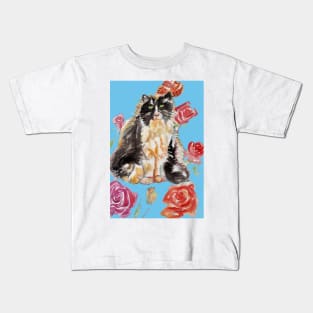 Tuxedo Cat Watercolor Painting and Roses on Light Blue Kids T-Shirt